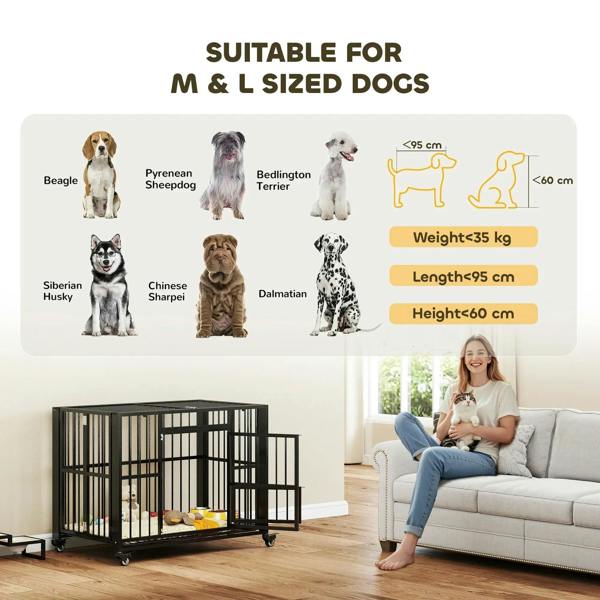 Black foldable dog crate with caster wheels, viewed indoors with dog resting nearby