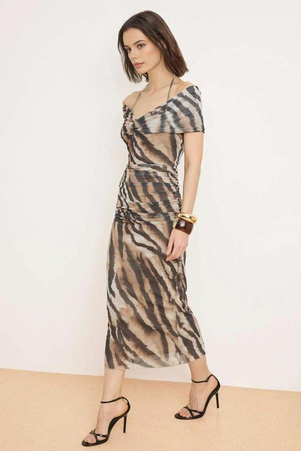 WOVCOR Draped Knitted Tulle Midi Lined Party Dress