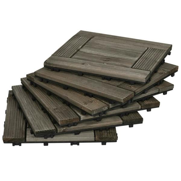 Charcoal grey interlocking wooden decking tiles, stacked square panels with raised edges