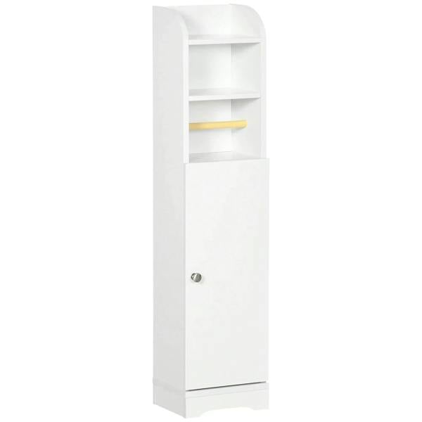 White narrow bathroom cabinet with open shelves and a lower storage door