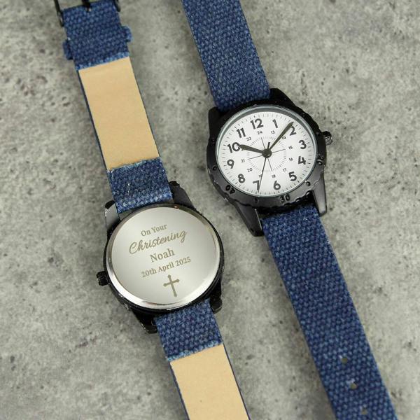 Front and back view of a kids watch with a blue canvas strap, showing a white watch face and an engraved back reading On Your Christening Noah.