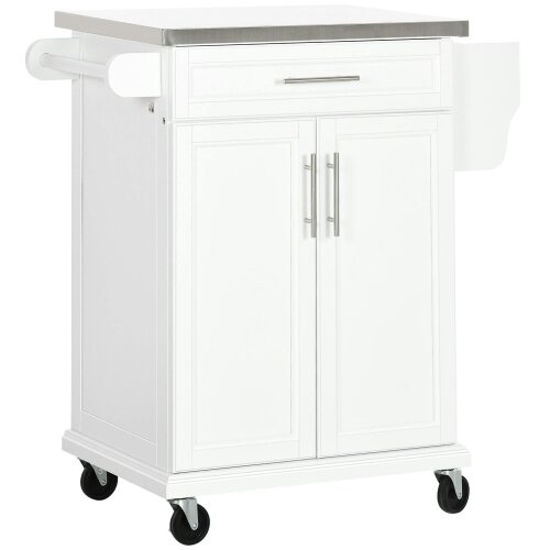 Wyld Haus Nenapa Wooden White Kitchen Island On Wheels With Stainless Steel Top Drawer And Side Rack