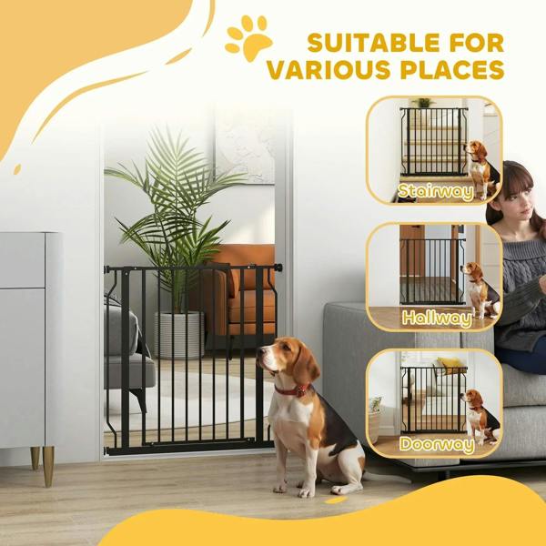 Black dog gate shown for doorway and hallway with vertical bar design