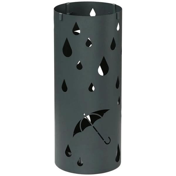 Dark grey cylindrical umbrella stand with raindrop cutout pattern and umbrella design