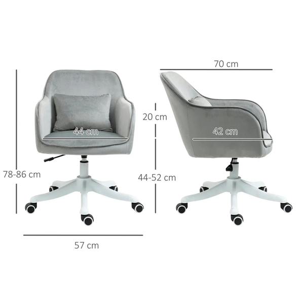 Grey velvet office chair with lumbar pillow, angled view, and white swivel caster base