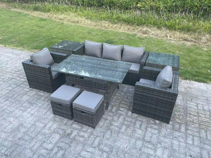 Fimous Outdoor Garden Furniture Set Patio Rattan Rectangular Dining Table Lounge Sofa Chair with 2 Side Table 2 Small Stools Dark Grey Mixed