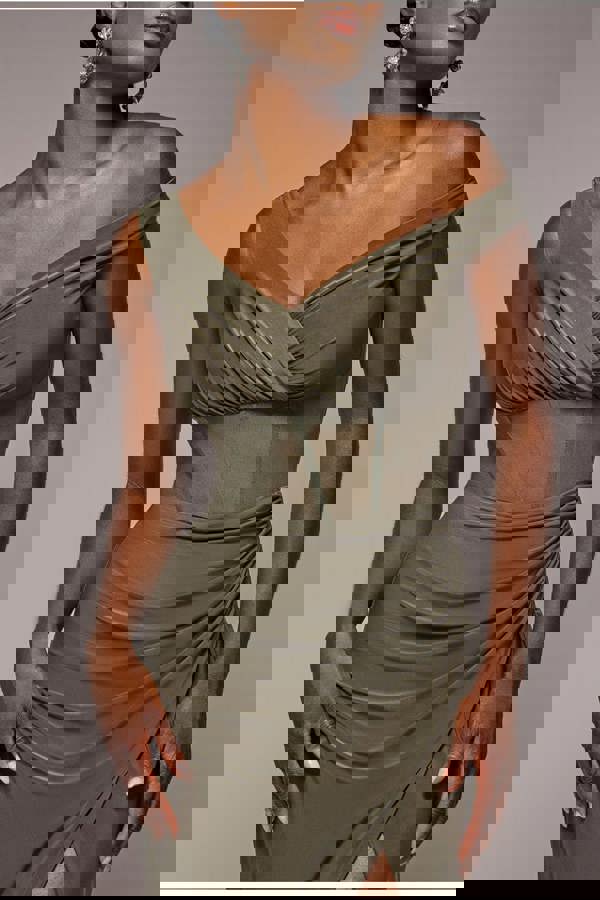 Off The Shoulder Corset Waist Mesh Wrap Skirt Soft Touch Maxi Dress - Khaki Green DR4865