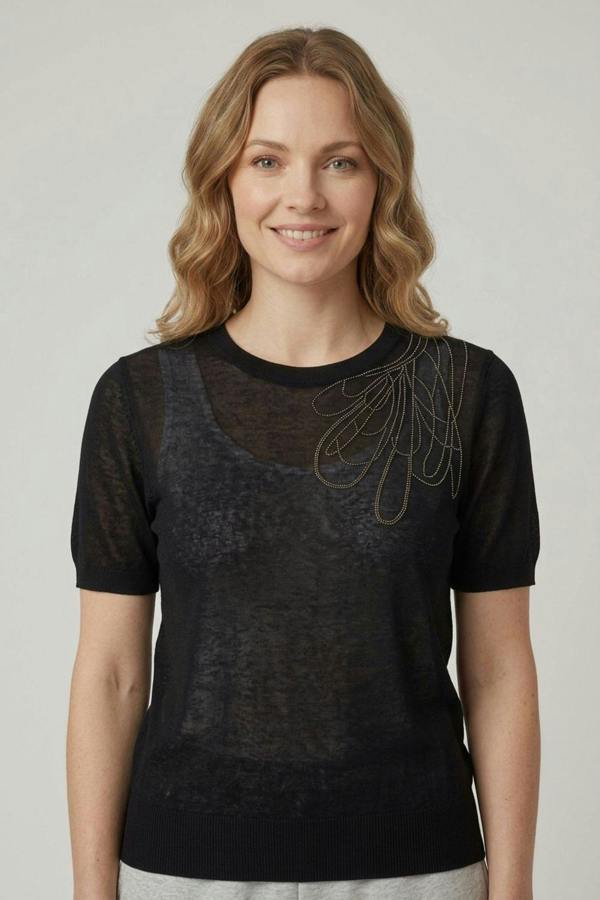 Black | Abstract Diamante Cap Sleeve Knit Top