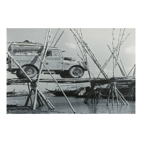 Series 1 Land Rover Crossing a Bamboo Bridge Canvas Print, Circa 1955 Oxford and Cambridge Challenge Scene, 60 x 40 cm