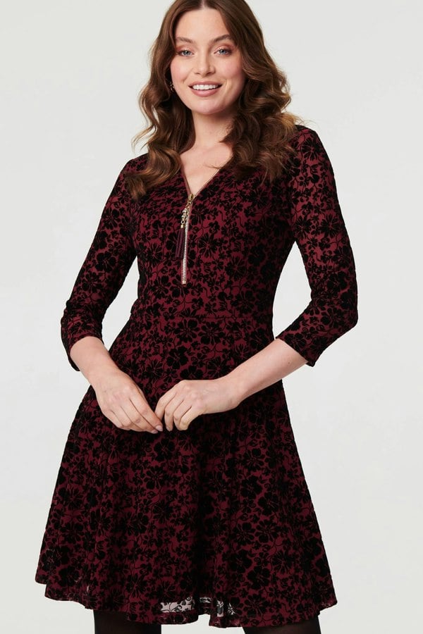 Red | Floral Zip V-Neck Short Skater Dress

