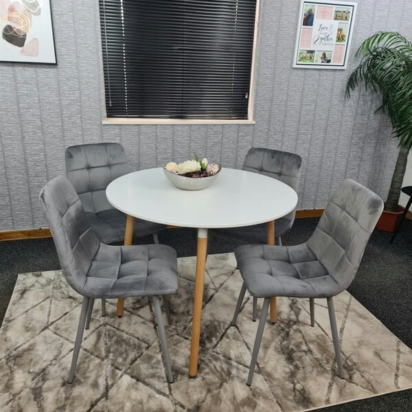 Kosy Koala Dining Table and 4 Chairs  White Round Wood Table 4 Grey Velvet Chairs Dining Room Furniture
