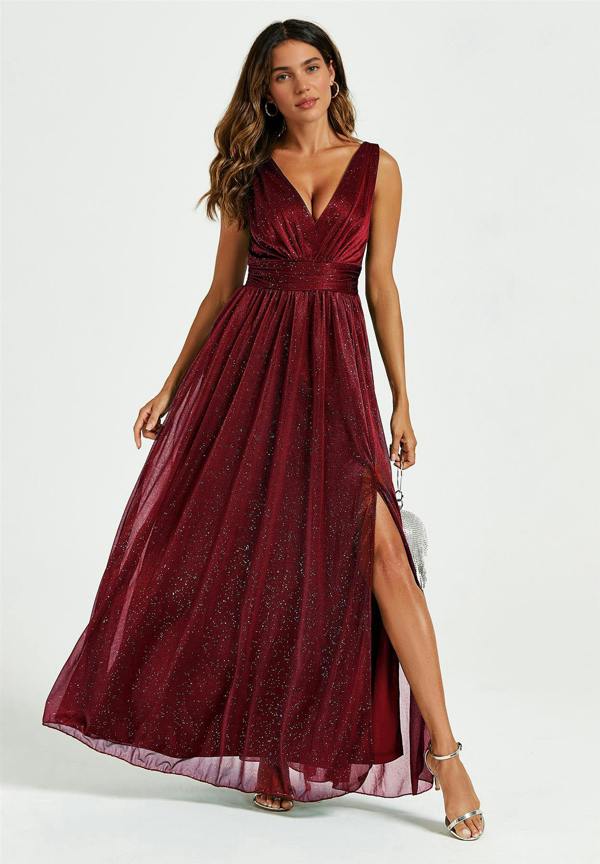 FS Collection Sparkly V Neck Bridesmaid Maxi Dress In Burgundy