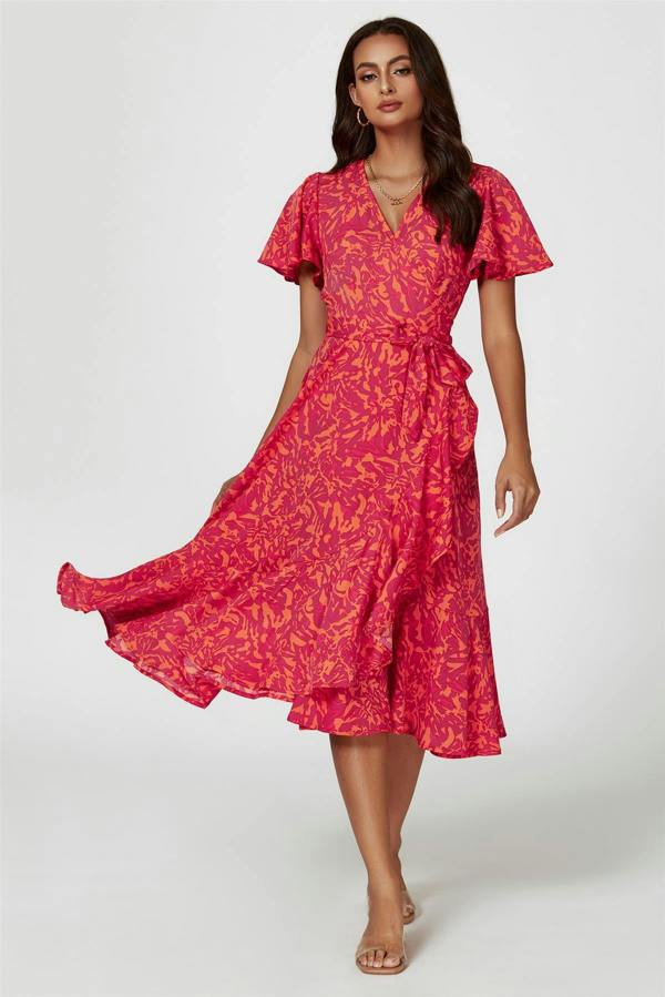 FS Collection Abstract Print Midi Wrap Dress In Fuchsia