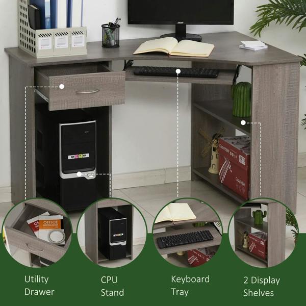 Grey L-shaped desk showing utility drawer, CPU stand, keyboard tray, and two shelves