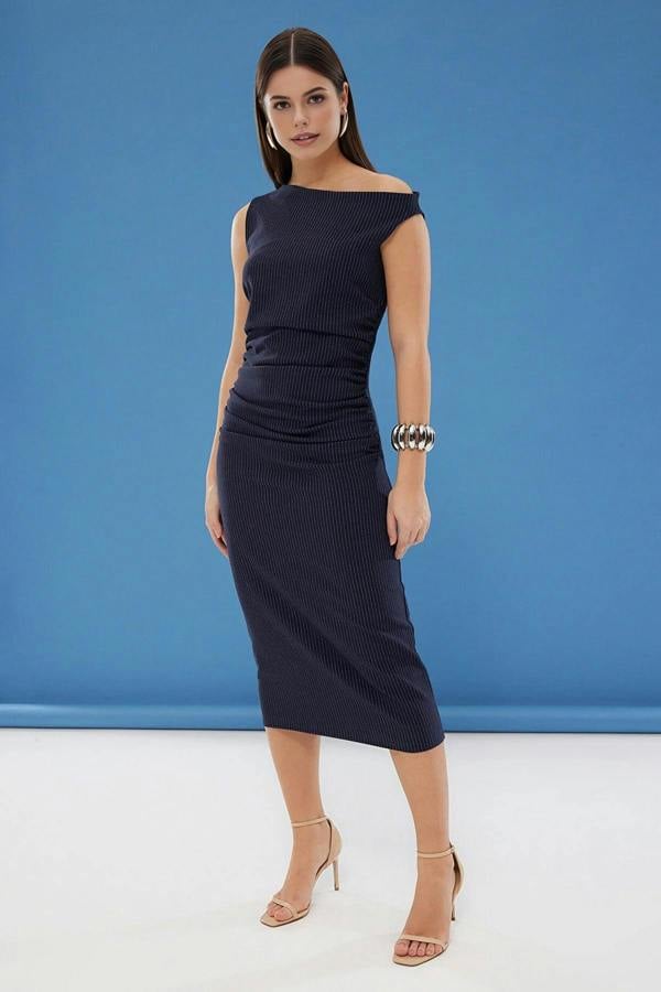 WOVCOR Striped Bodycon Midi Woven Dress