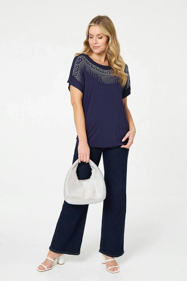 Navy | Diamante Detail Relaxed Short Sleeve Top