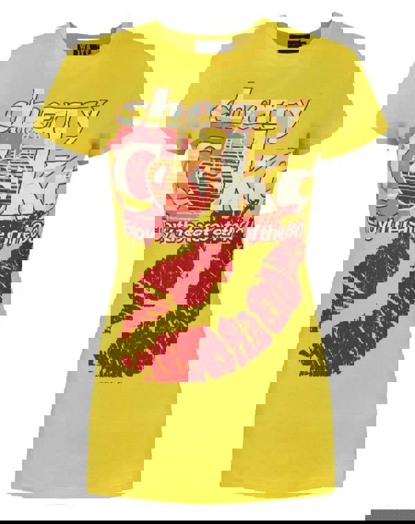 Coca Cola Womens Yellow Cherry Coke Lips Graphic Short Sleeved T-Shirt