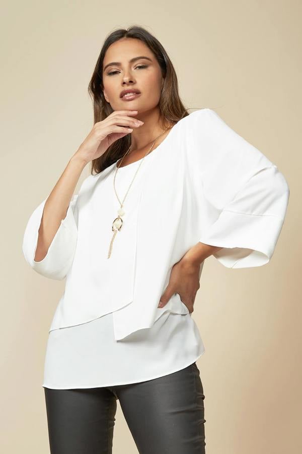 Hoxton Gal Layered Top With 3/4 Sleeves in White with Necklace