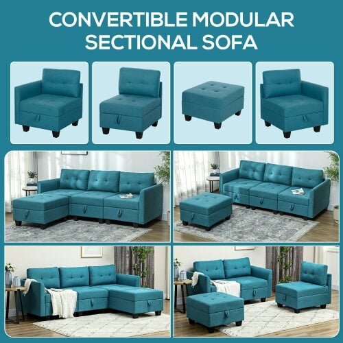 Wyld Haus Torono Light Blue Upholstered Modular L Shaped Sofa With Built In Storage