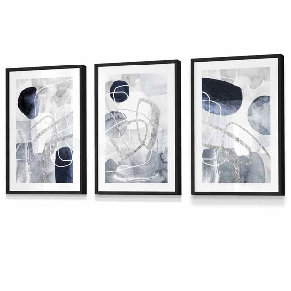 Artze Wall Art Abstract Blue and Silver Shapes Set of 3 Framed Art Prints
