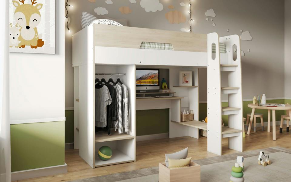 Coco High Sleeper Workstation with Wardrobe White and Oak