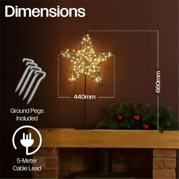 Scotts of Stow Xmas Haus Black Metal LED Christmas Star with Stand, 100 Warm White LEDs, 5m Cable, IP20 Transformer