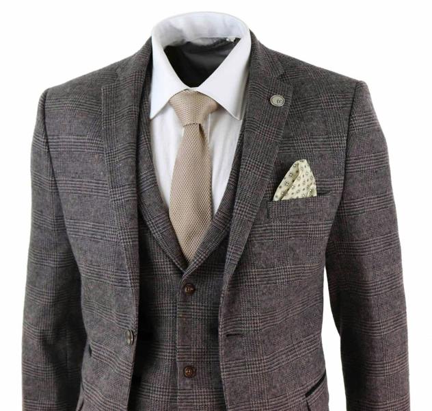 TruClothing Men's 3 Piece Brown Herringbone Tweed Suit