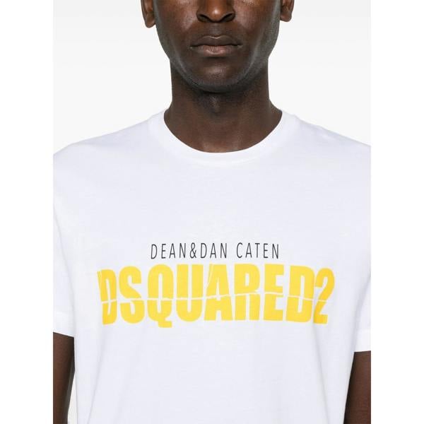 Dsquared Split Printed Logo Yellow T-Shirt   in  White