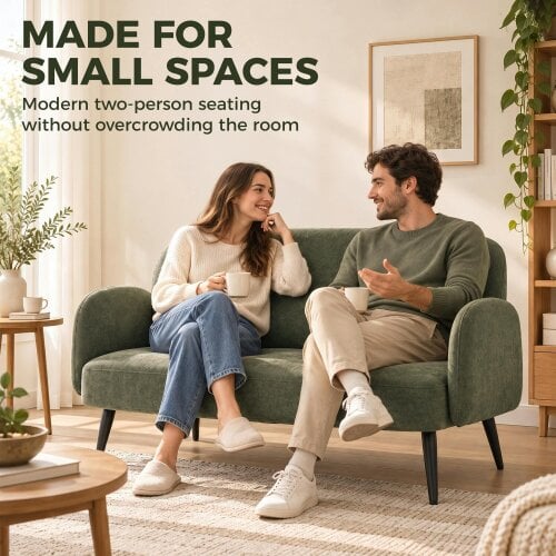 HOMCOM 2 Seater Sofa, Velvet Small Sofa Loveseat with Wide Seat, Green
