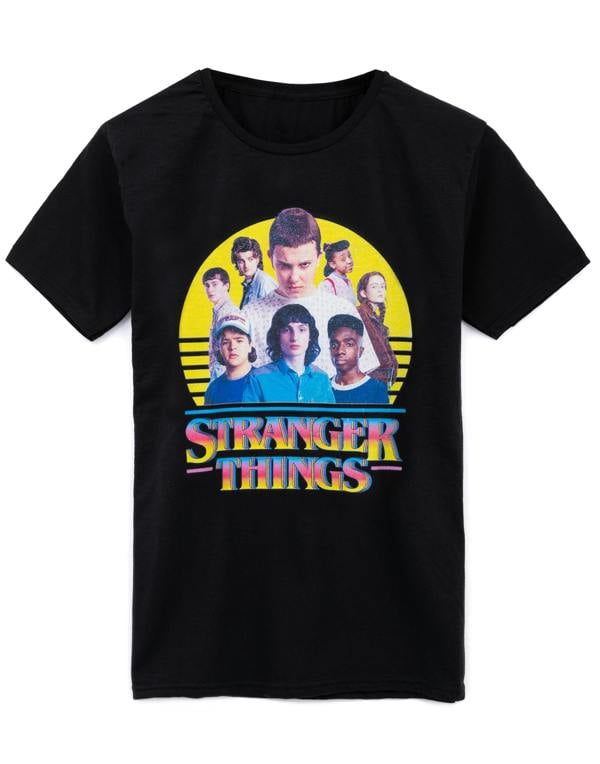 Stranger Things Girls Black Multi-Character Placement Print Short Sleeved T-Shirt