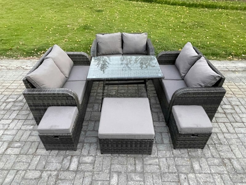 Fimous Outdoor Rattan Garden Furniture Set 9 Seater Patio Love Sofa Set with Rectangular Dining Table 3 Footstools Dark Grey Mixed