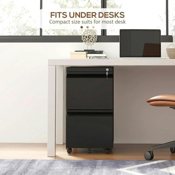 Black steel filing cabinet fitted under a desk with caster wheels