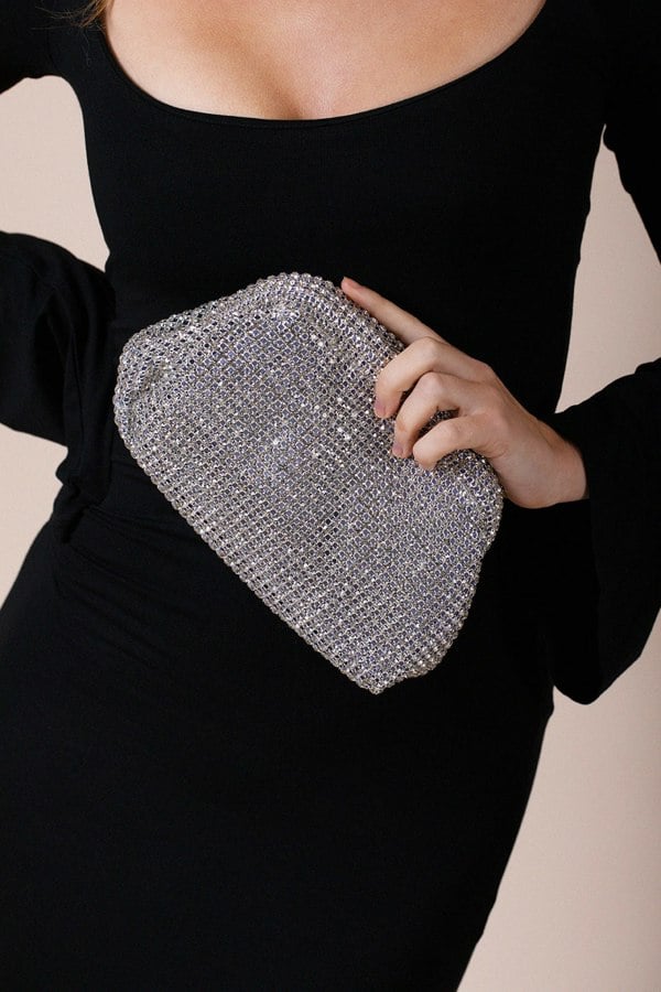 SVNX Crystal Pouch Clutch Bag In Silver
