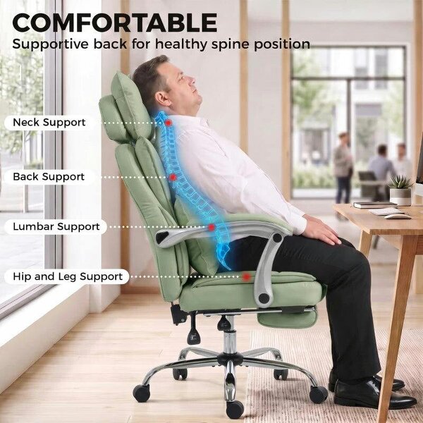 Executive Office Chair, PU Big and Tall Office Chair 180 kg with Wide Seat, Reclining, Lumbar Support, Light Green