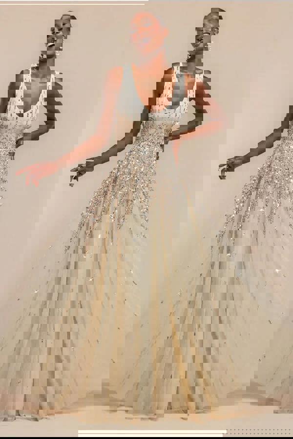 Sunray Hand Embellished Sequin A-Line Sleeveless Maxi Dress - Ivory DR2882