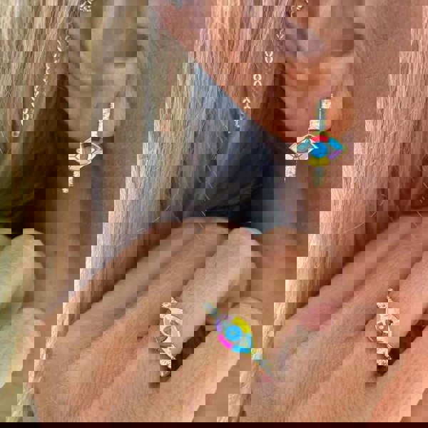 Spero London Evil Eye Rainbow Pave Sterling Silver Hoop Earrings