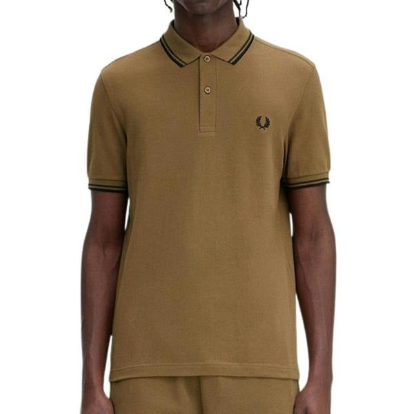 Fred Perry Mens Double Tipped Collar Polo Shirt - Black/Khaki Green - 