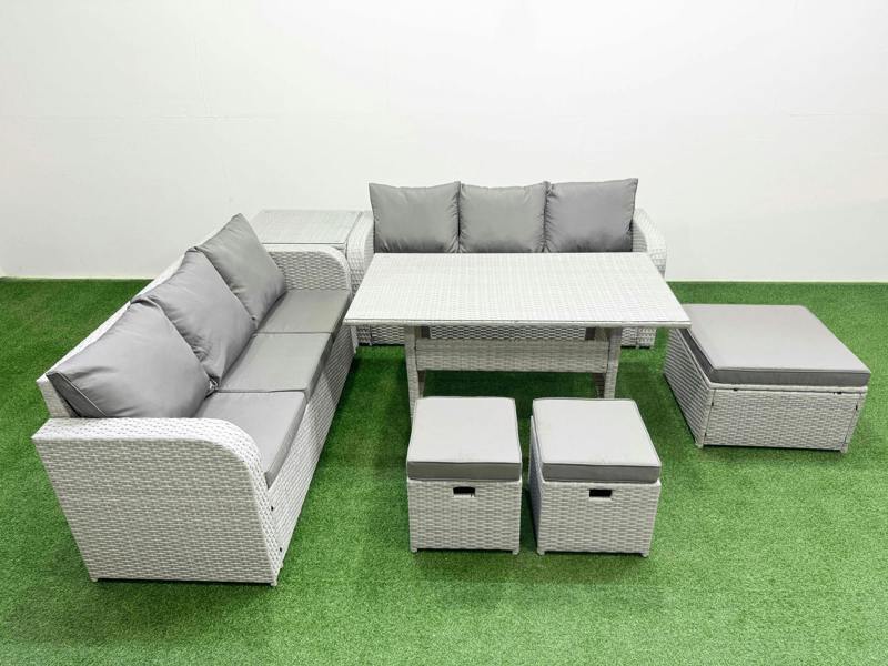Fimous 9 Seater Wicker Rattan Garden Furniture Patio Set, Dining Table, High Back Lounge Sofa, 3 Stools, Side Table, Light Grey