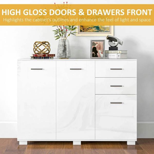 High-gloss white sideboard with 3 doors and 2 stacked drawers, metal bar handles
