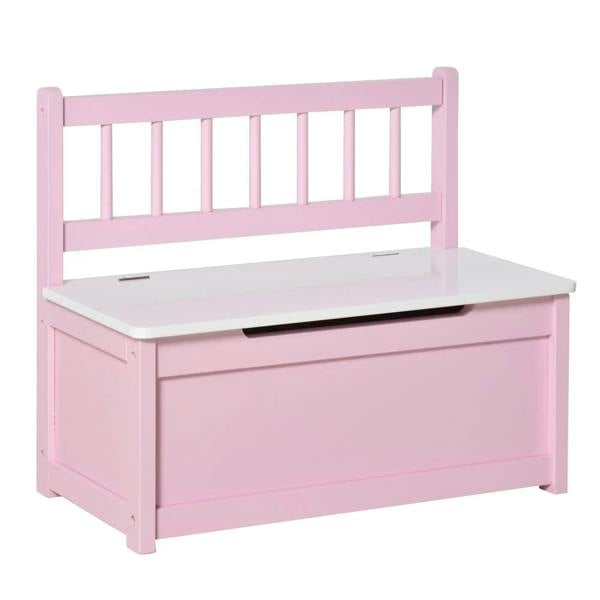 Pink wooden toy box bench with open lid and storage compartment