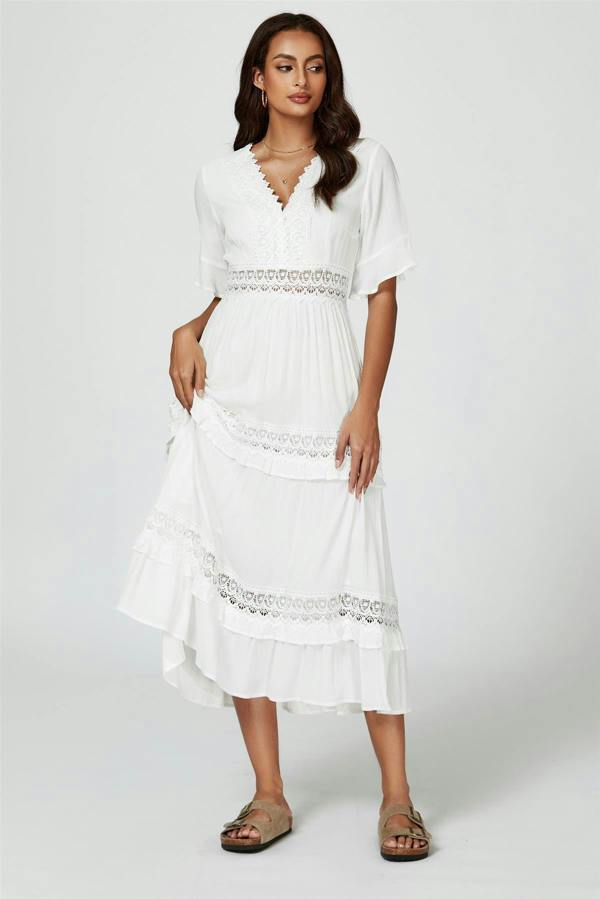 FS Collection V Neck Lace Detail Midi Dress In White