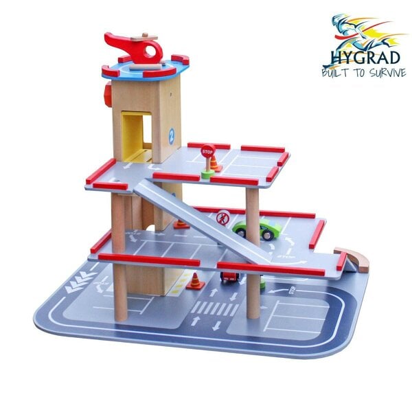 HYGRAD BUILT TO SURVIVE Wooden 3-Storey Toy Garage with Cars, Lift & Helipad – Kids Role Play Set | HYGRAD®