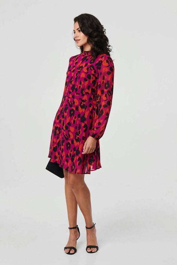 Purple | Animal Print Tie Waist Mini Skater Dress
