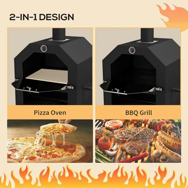 Black 2-in-1 charcoal grill/oven showing open chamber and cooking rack