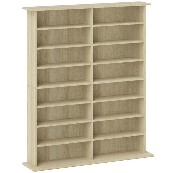 16-compartment media shelf with natural light wood finish, front view with 16 open cubbies