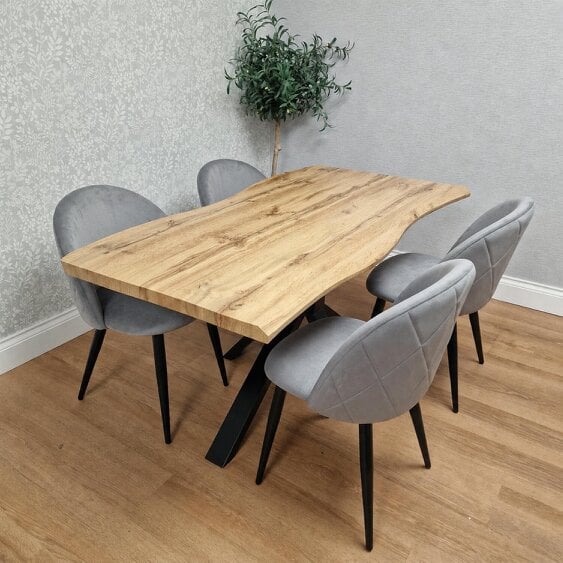 Kosy Koala Rustic Wood-Effect Wavy X Shaped Legs Dining Table Set with 4 Grey Velvet Chairs