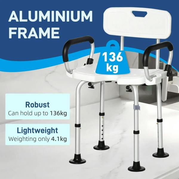 White shower chair with backrest and padded flip-up arms on sturdy legs