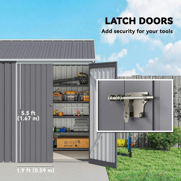 Grey metal shed with double latch doors and visible tool storage shelves.