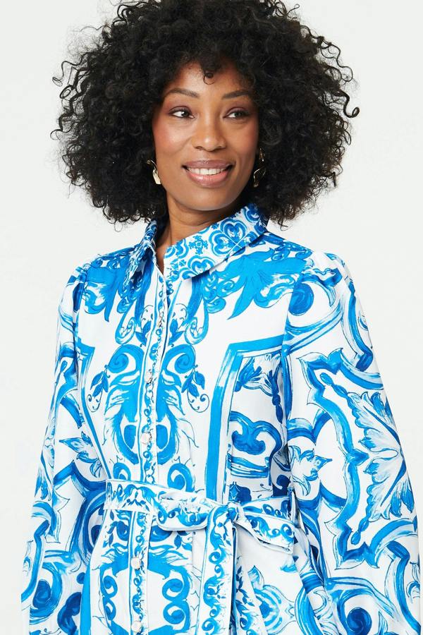 Blue | Printed Tie A-Line Midi Shirt Dress