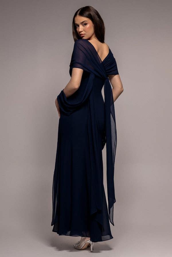 Multiway Cape Chiffon Sweetheart Maxi Dress - Navy Blue DR4848